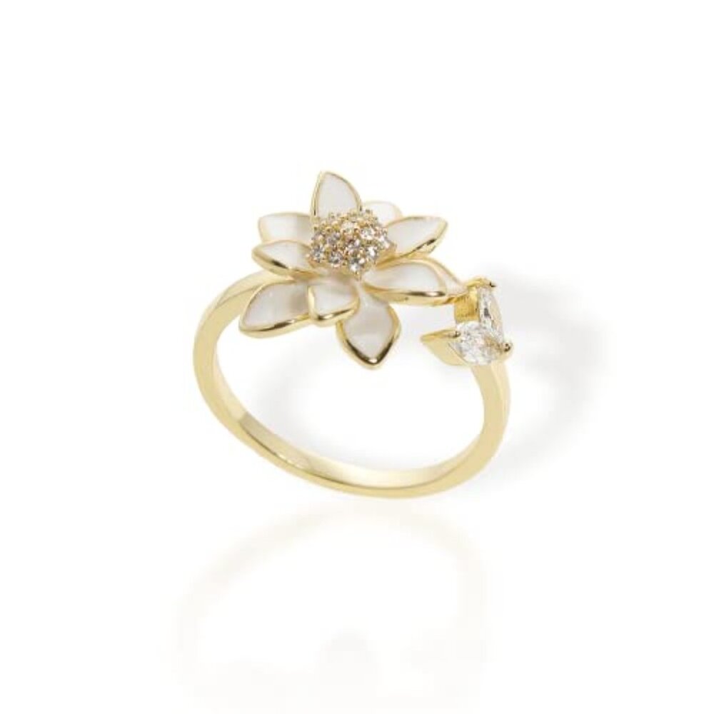 Gold Silver Flower Leaf Open Adjustable Ring for Women, Trendy Elegant Unique CZ